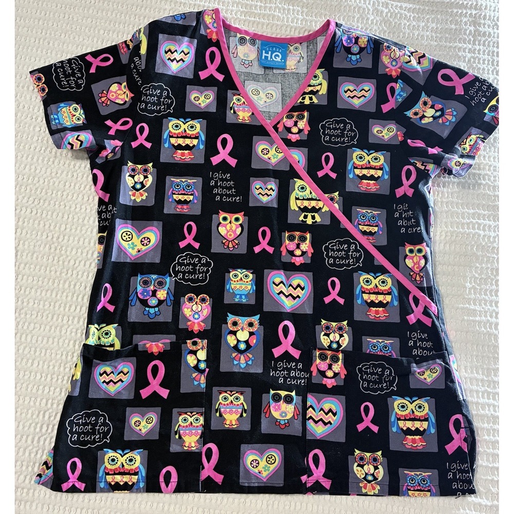 Woman's Scrub‎ Top Black Pink Trim Multi-Colored Owls, Breast Cancer, Size Small